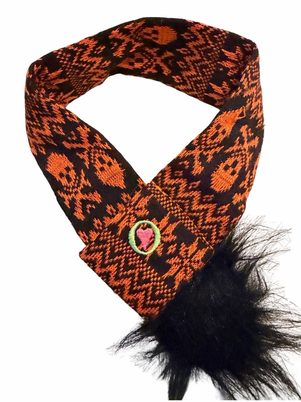 Black & Orange Knit Scarf with Faux Fur Trim by